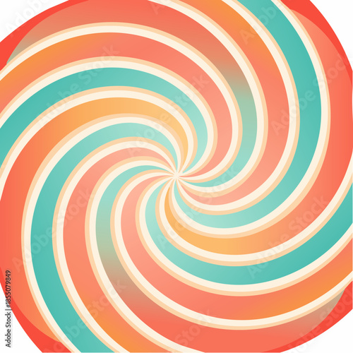 A vibrant spiral pattern illustration featuring orange, teal, and white hues in a circular motion