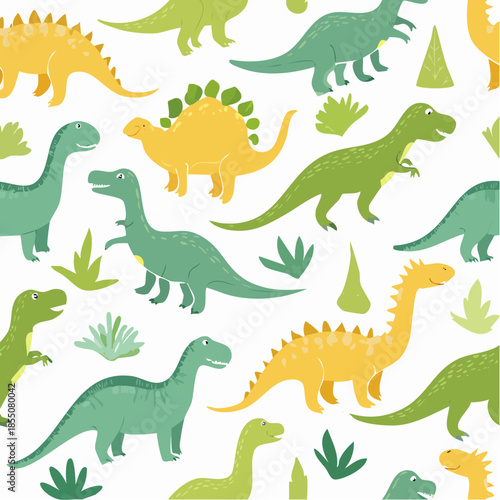 A collection of various dinosaurs in different poses and colors on a white background with plants and illustrations