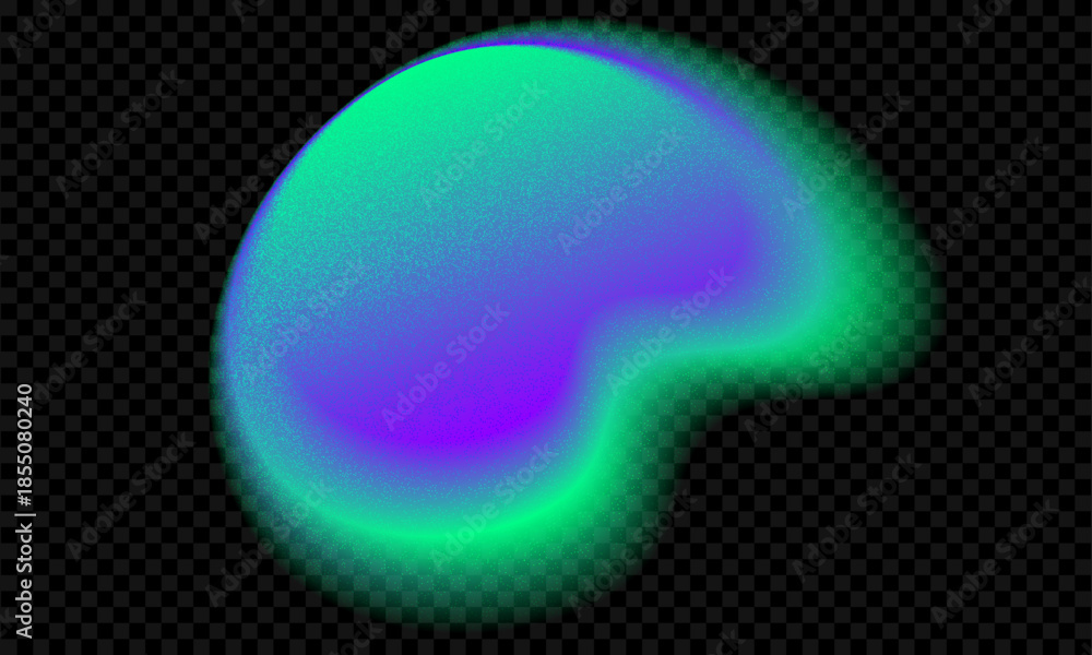 Naklejka premium Aurora green aura gradient shape. Abstract color gradation blob with blur and noise effect. Fluid grain neon splash figure on black background. Smooth fluorescent ombre spot. Y2k glow round element