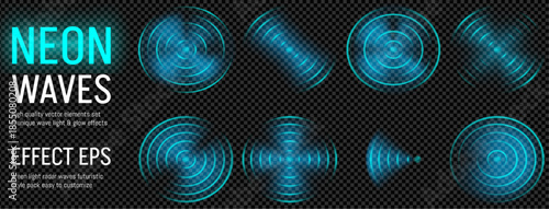 Wifi light wave effect with radar sound signal and sonar sensor for tech background. Blue 3d ripple with neon glow and radial circular echo for technology hud overlay. Abstract wireless design