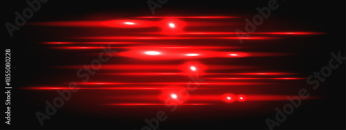 Red neon laser with light beam flare and speed strip glow for technology background. Bright digital energy ray with shine effect in black space. Abstract transparent vector horizontal line