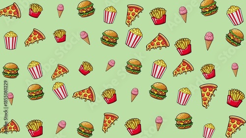Pattern of burgers, fries, pizza, popcorn, and ice cream. Perfect for restaurant menus, food blogs, social media posts, and foodrelated designs.