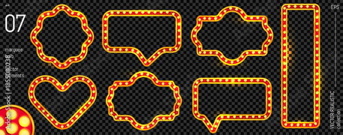 Circus rectangle sign with marquee light. Carnival frame for theater board or Vegas showtime. Vintage neon bulb border for retro cinema poster. Blank signboard background. Quiz speech bubble