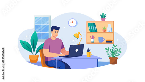 Modern vector illustration of a person working remotely from home office with laptop, coffee, and plants, digital lifestyle concept.
