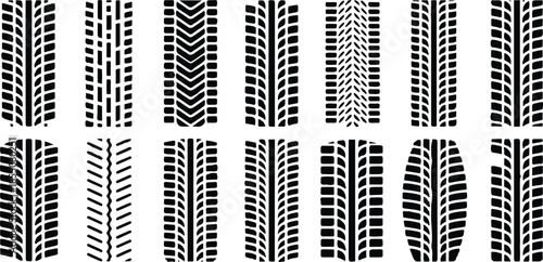 Seamless tire, track, car, vector, wheel texture. Collection of diverse black tire tracks footprints and marks isolated on a white background in vector format. 