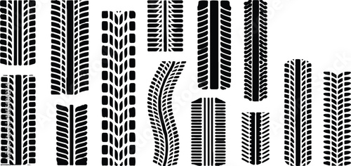 Seamless tire, track, car, vector, wheel texture. Collection of diverse black tire tracks footprints and marks isolated on a white background in vector format. 