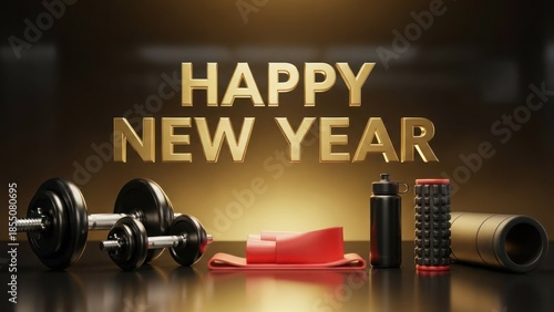Golden Happy New Year text above fitness equipment