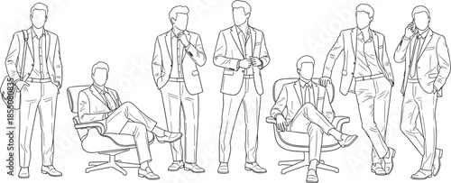 Business attire male figure illustration set, seated and standing poses, black line icons, flat vector, cad drawing layout