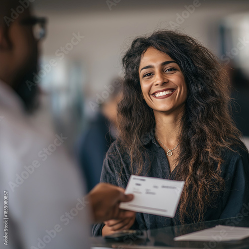 a smiling woman receiving her paycheck