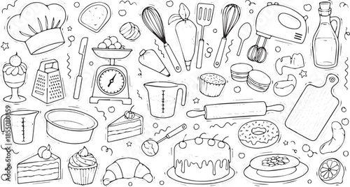 Baking and Cooking Utensils and Desserts Collection Hand Drawn Sketch.
