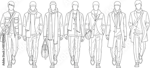 Winter fashion male figure illustration set, coat scarf outfit icons, black line vector, flat cad drawing style reference