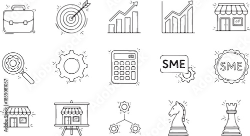 Collection of Business and Finance Icons in Sketch Style.