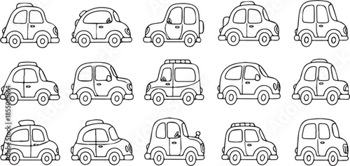 Collection of cartoon cars in a simple line drawing style.