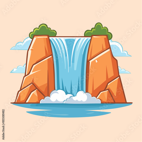 Cartoon illustration of a waterfall cascading between two rocky cliffs with green bushes on top.