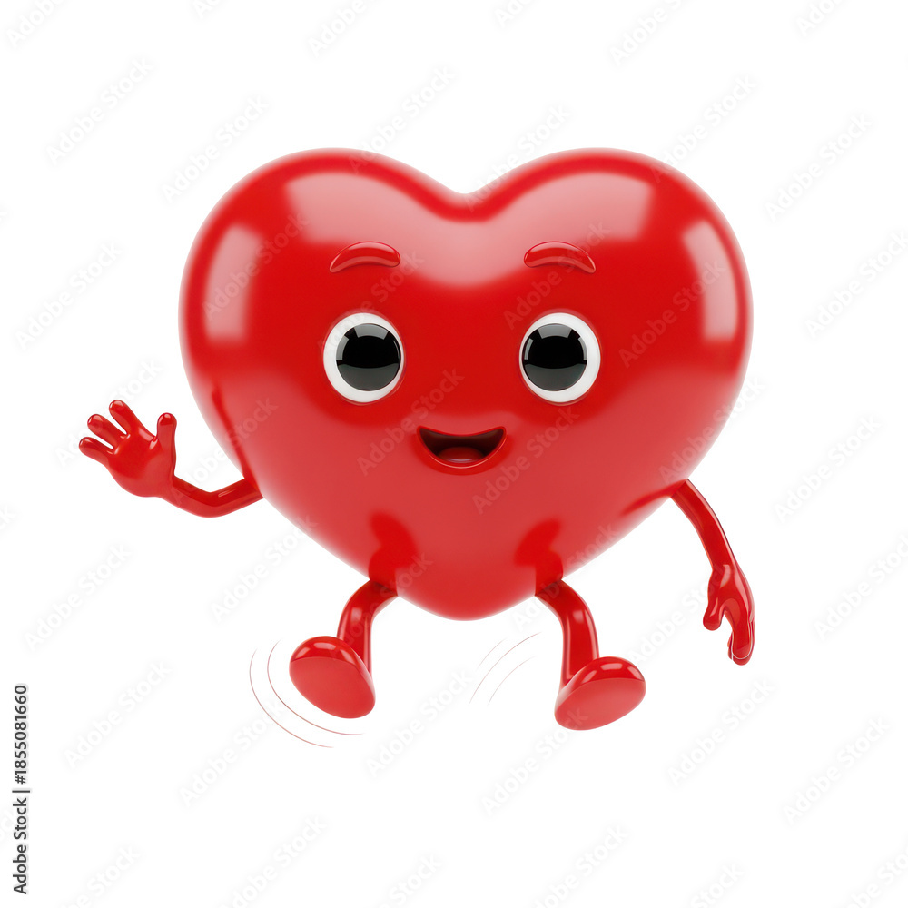 Fototapeta premium Cute happy red 3d heart character waving smiling mascot isolated on transparent background