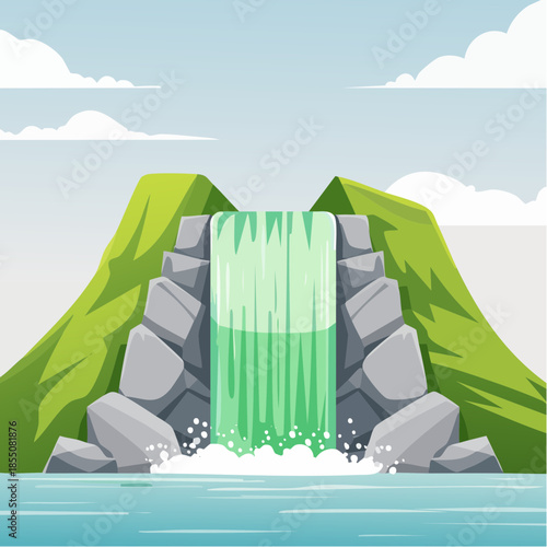 Illustration of a waterfall cascading over a stone structure between two green hills into a body of water.