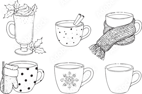 Collection of HandDrawn Hot Beverage Mugs and Cups with Winter Accents.