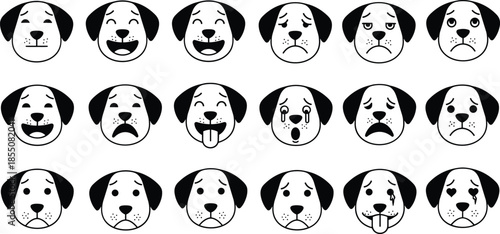Cartoon dog face expression set, emotional puppy icons, black and white vector, flat cad drawing, character design reference
