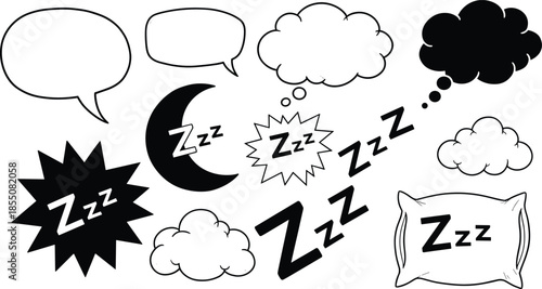 Sleep and dream icon illustration set, Zzz bubbles moon pillow clouds, black vector, flat cad drawing, bedtime graphics
