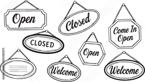 Collection of HandDrawn Open and Closed Signs for Business.
