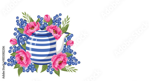 Decorative blue and white striped teapot is surrounded by lush pink flowers and small blue berries in a garden setting.