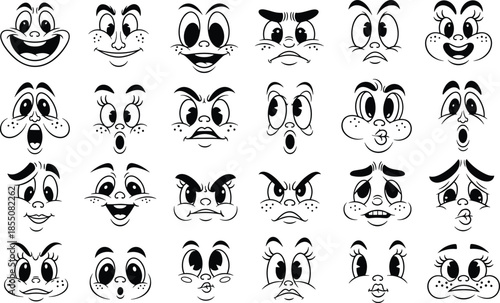 Cartoon facial expression illustration set, emotional character icons, black and white vector, flat cad drawing, animation reference