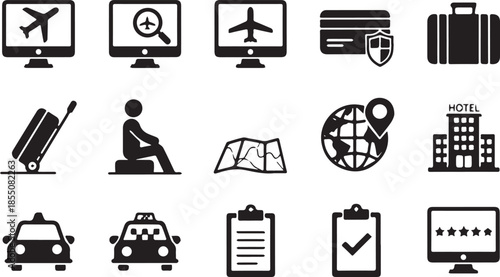 Collection of Travel and Transportation Icons for Digital Platforms.
