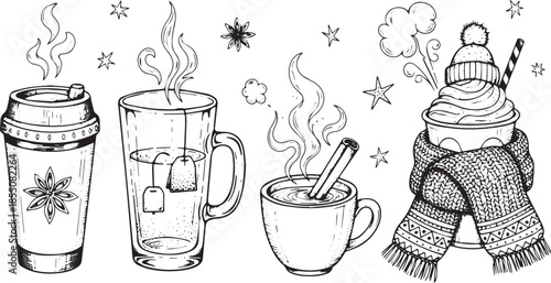 Collection of Hot Winter Drinks and Snowflakes Hand Drawn Sketch.