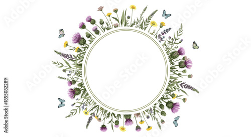 Circular frame made of various wild meadow flowers and butterflies creates a beautiful botanical wreath design.