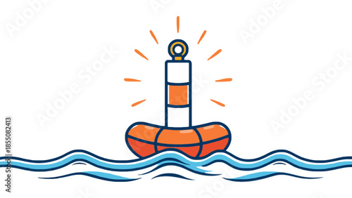 A navigational buoy floats on the water with radiating light.