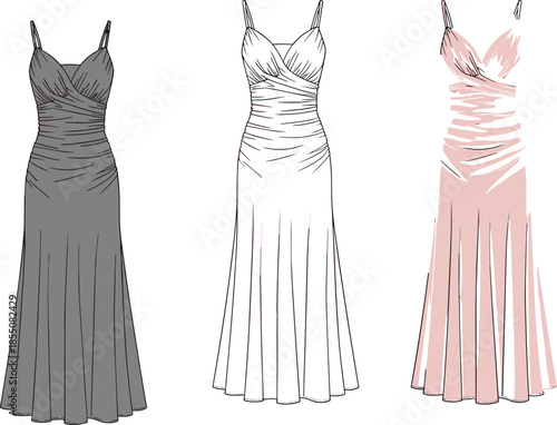 Set of elegant evening gown sketches in grey white and pink colors featuring pleated bodices and floor length flared skirts for fashion