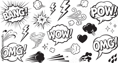 Comic book speech bubbles and sound effects doodle set.