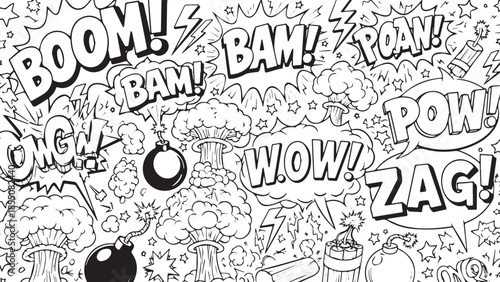 Comic Book Style Explosions and Sound Effects Collage.