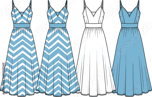 Technical fashion illustration of women summer sun dresses with spaghetti straps chevron patterns and solid blue colors for apparel design templates (21 words)