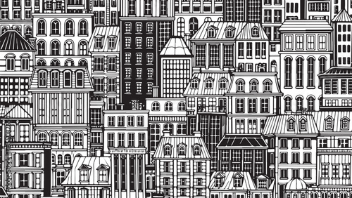 Detailed Black and White Sketch of a Dense Urban Cityscape.