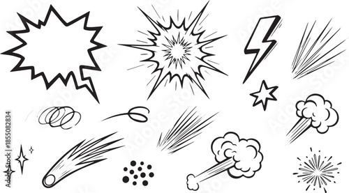 Dynamic Comic Book Elements Set Hand Drawn Style.