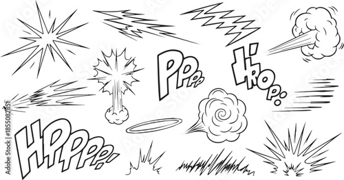Dynamic comic book sound effects and motion lines set.