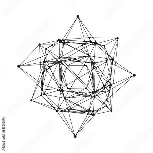 Abstract Geometric Black Wireframe 3D Network Structure on White Background