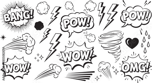 Dynamic Comic Book Style Elements Set with Speech Bubbles and Action Effects.