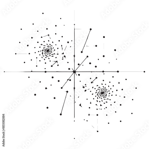 Abstract Monochrome Design with Spirals, Axes, and Scattered Dots