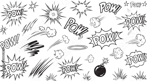 Dynamic Comic Book Style Explosions and Action Elements Set.