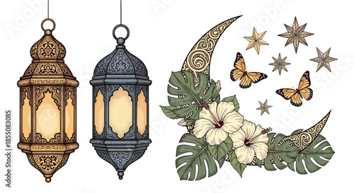 Beautifully detailed gold and blue hanging lanterns accompany a floral crescent moon with lush green tropical leaves.
