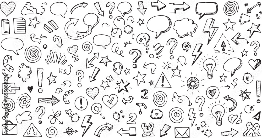 Obraz premium Hand drawn doodle elements collection with arrows speech bubbles and question marks.
