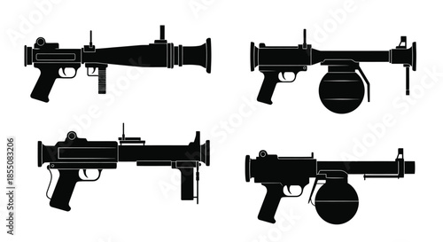 Silhouette depictions of four different grenade launchers in a black and white style