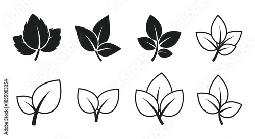 A collection of distinct leaf shapes displayed in a simple black and white style
