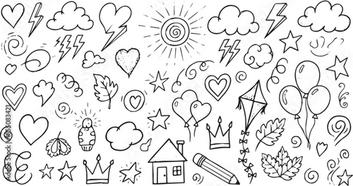 Hand drawn doodle set with various elements like hearts clouds stars and balloons.