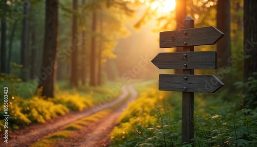 Wooden signpost on forest path directs towards divergent ways. Golden hour sun illuminates trees, shrubs, and winding dirt road ahead. Nature guides choices for exploration, journey, or tour.