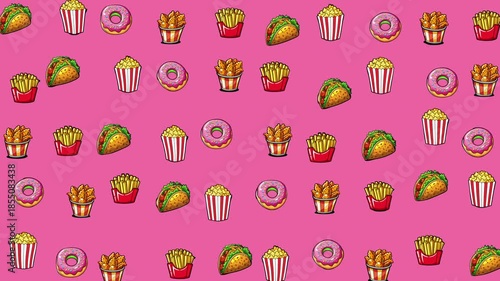 Repeating pattern of tacos, donuts, fries, and popcorn on pink. Suitable for foodthemed designs, restaurant menus, packaging, and party decorations.