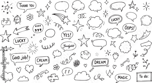 Hand drawn doodle speech bubbles and stars collection.