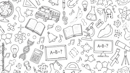 Hand drawn doodle style seamless pattern with various school and science related objects.